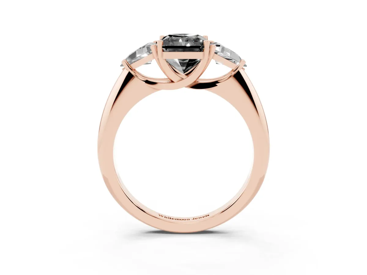 Fancy Black Three-Stone Radiant Cut Diamond Engagement Ring with Trillion Side Stones and Prong Setting Rose gold