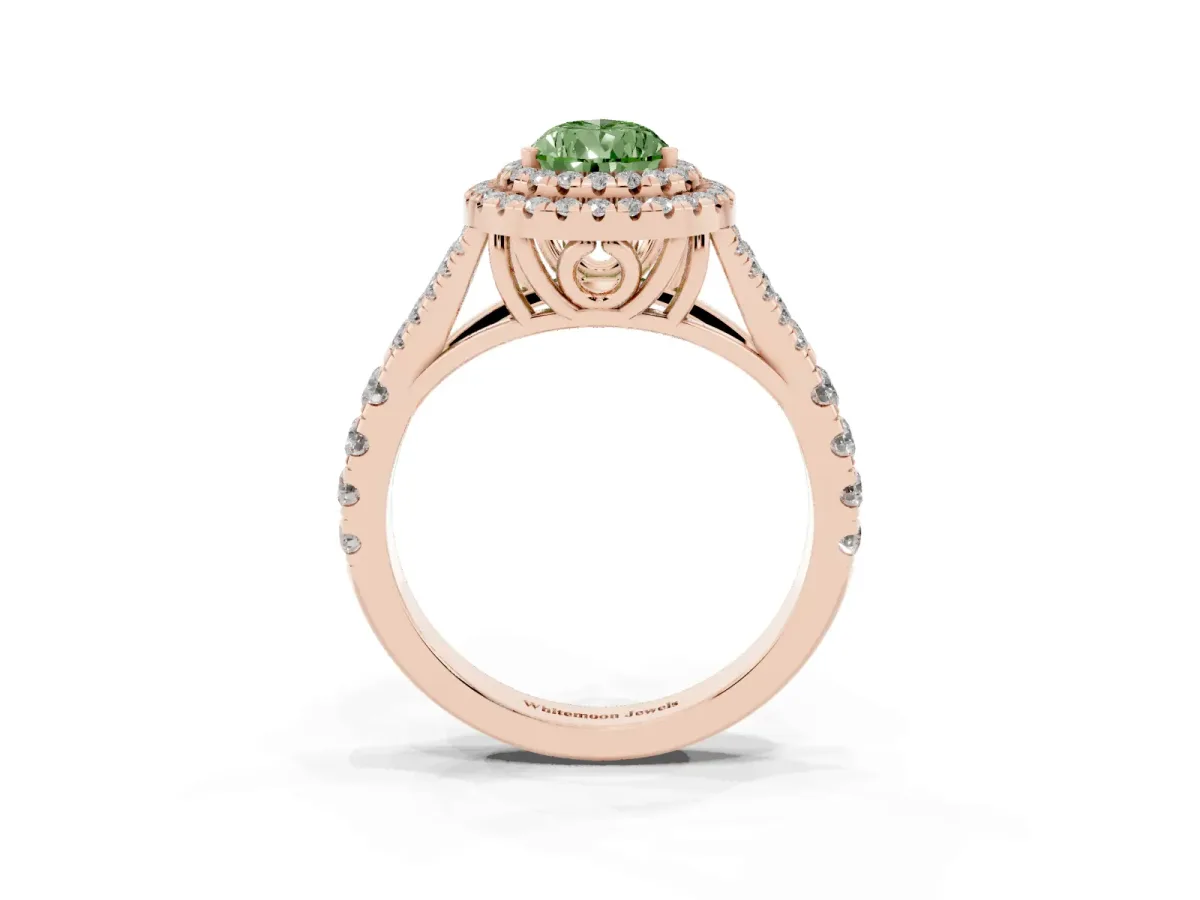 Fancy Green Pear Cut Cut Double Halo Split Shank Diamond Ring with Prong Setting Rose gold