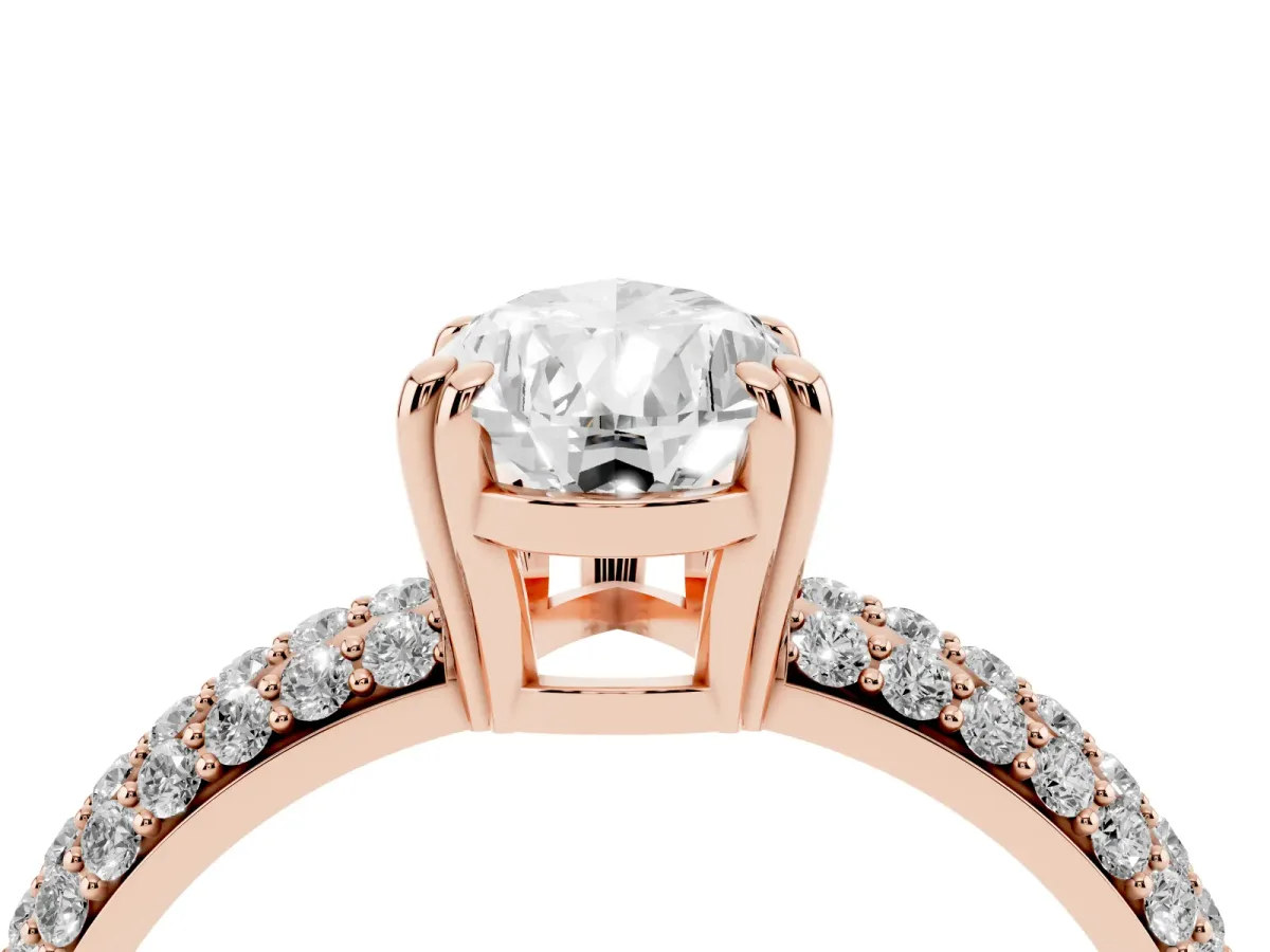 Pear Cut Diamond Solitaire Ring with Multi-Row Round Pavé Band and Prong Setting Rose gold