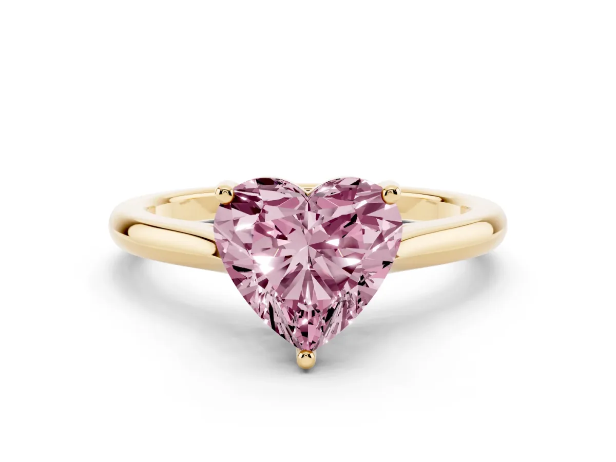 Fancy Pink Heart Cut Cut Solitaire Ring with Cathedral Band and Four-Prong Setting Yellow gold