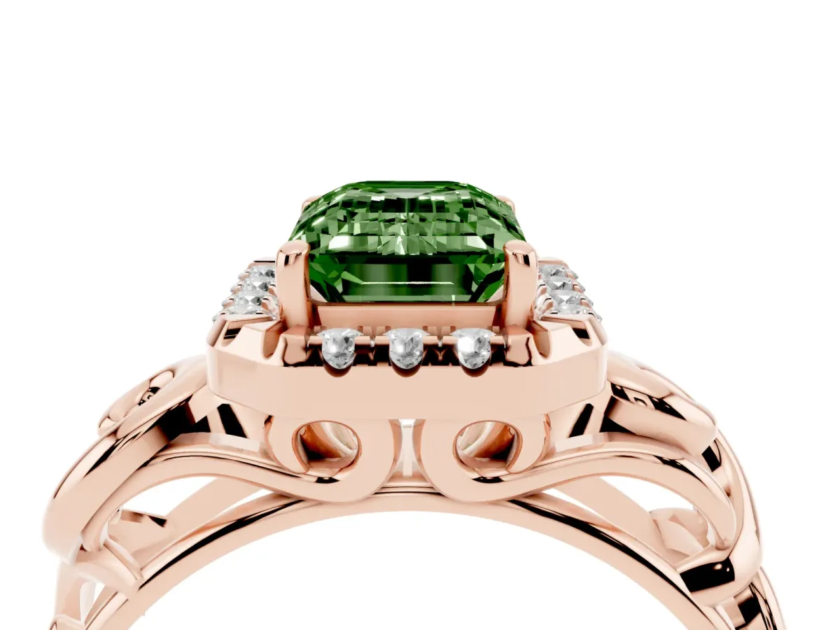 Fancy Green Emerald Cut Cut Halo Diamond Ring with Scrollwork Band and Four-Prong Setting Rose gold