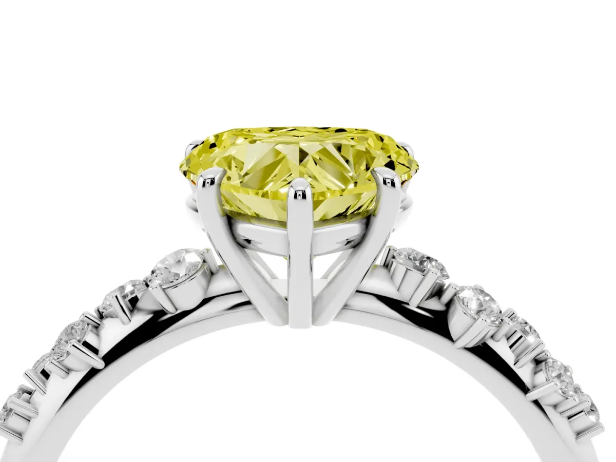 Fancy Yellow Heart Cut Diamond Cluster Side Stone Solitaire Ring with Prong Setting Silver