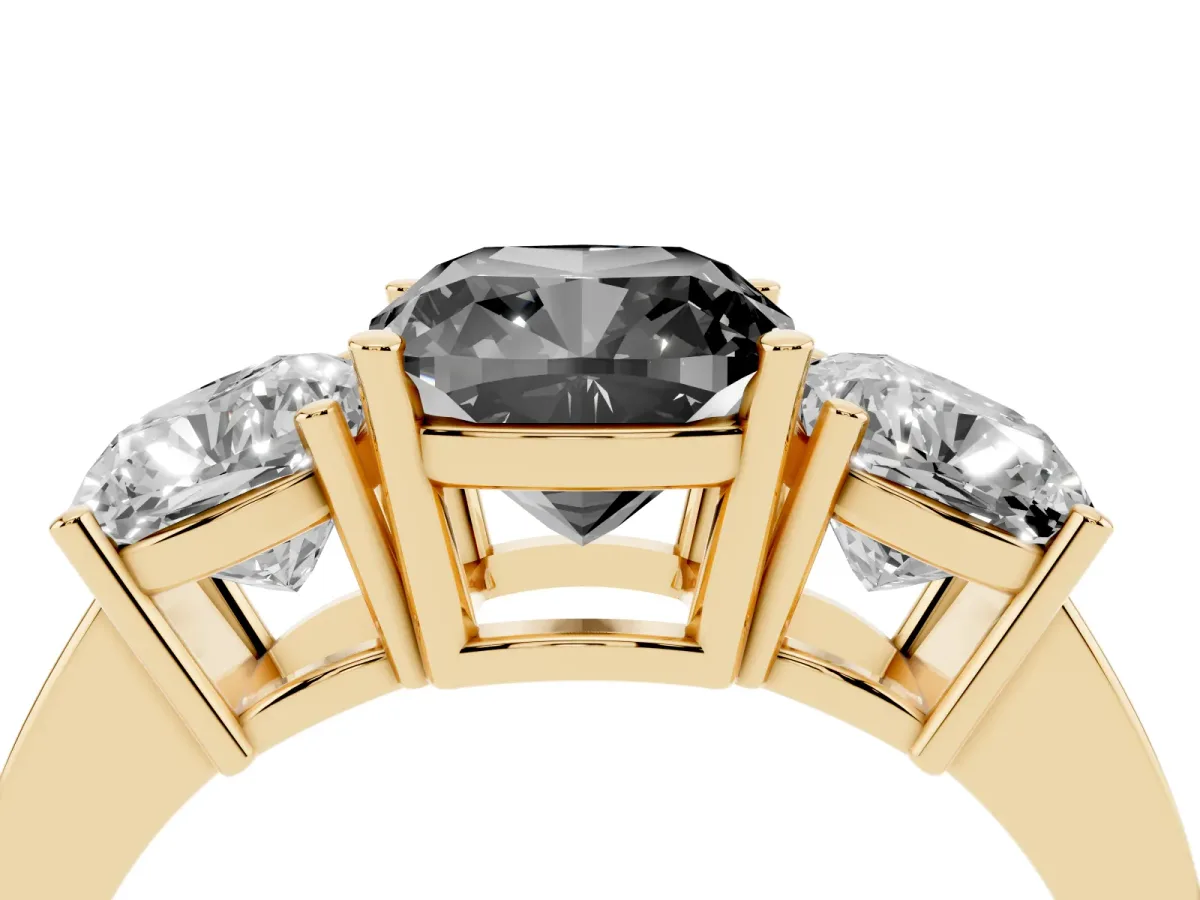 Fancy Black Three-Stone Cushion Cut Cut Diamond Engagement Ring with Flat Band and Four-Prong Setting Yellow gold