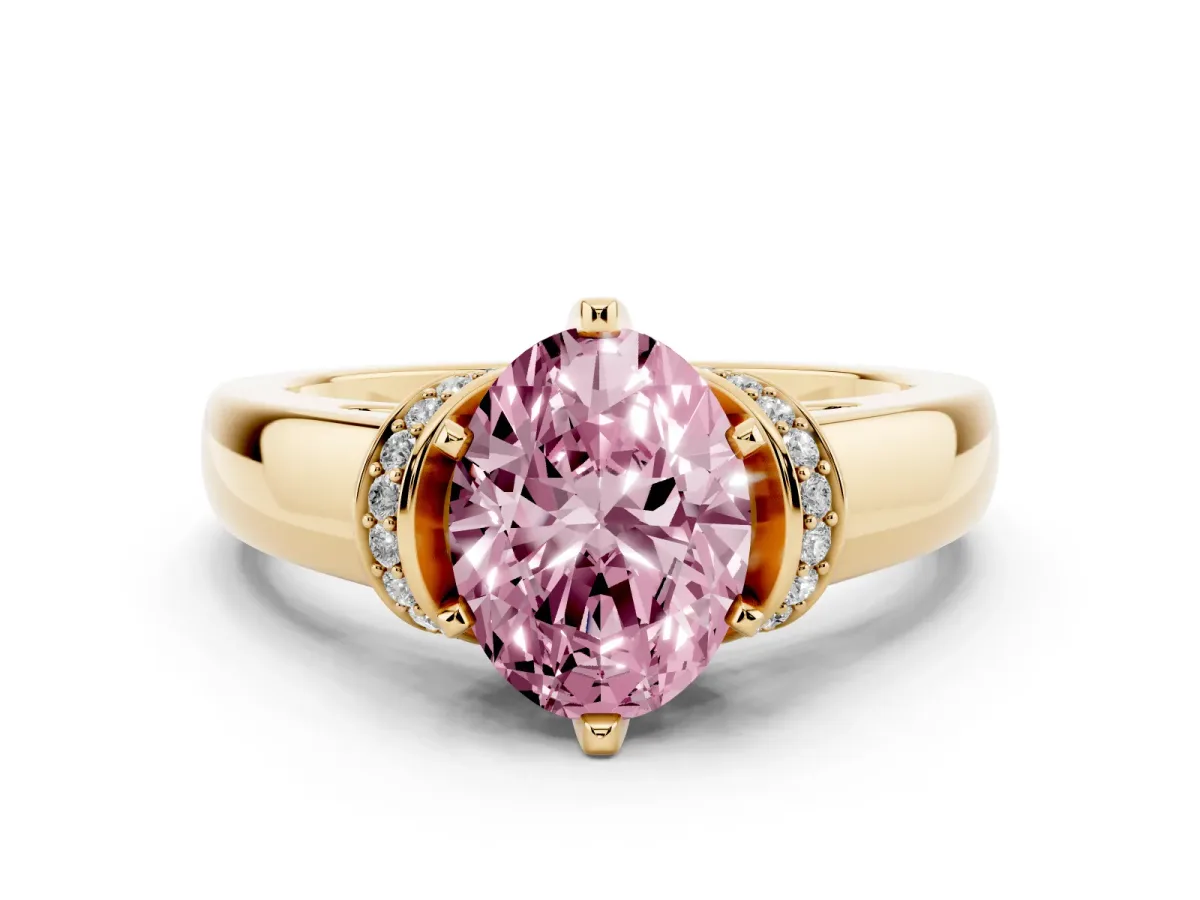 Fancy Pink Oval Cut Solitaire Diamond Ring with Pave Band and Six-Prong Setting Yellow gold