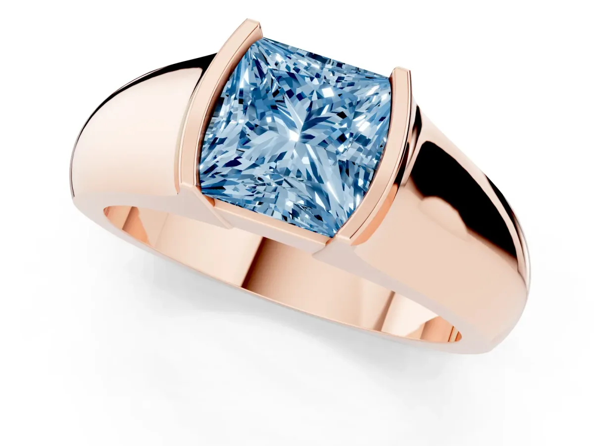 Fancy Blue Princess Cut Solitaire Bezel Set Diamond Ring with Wide Band Rose gold