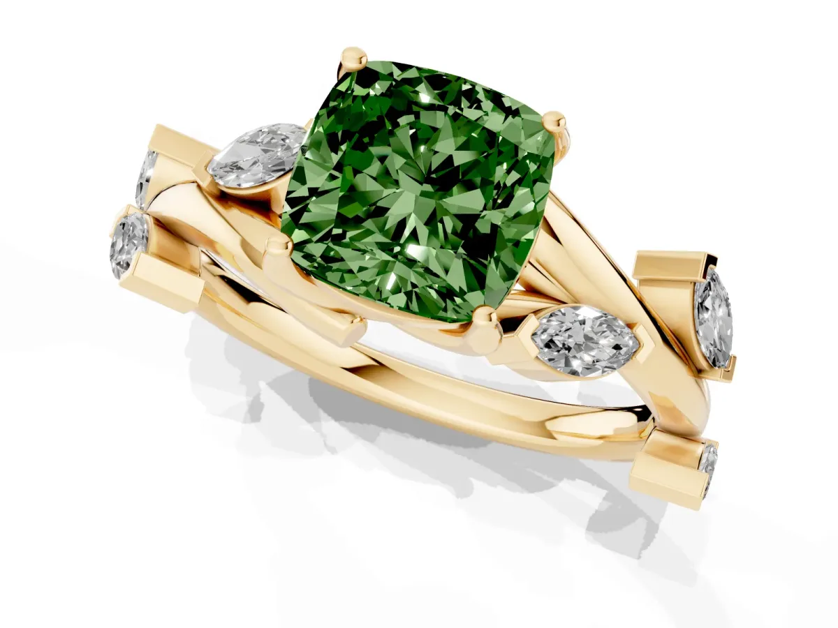 Fancy Green Cushion Cut Solitaire Twisted Band Marquise Accent Prong Setting Ring Yellow gold