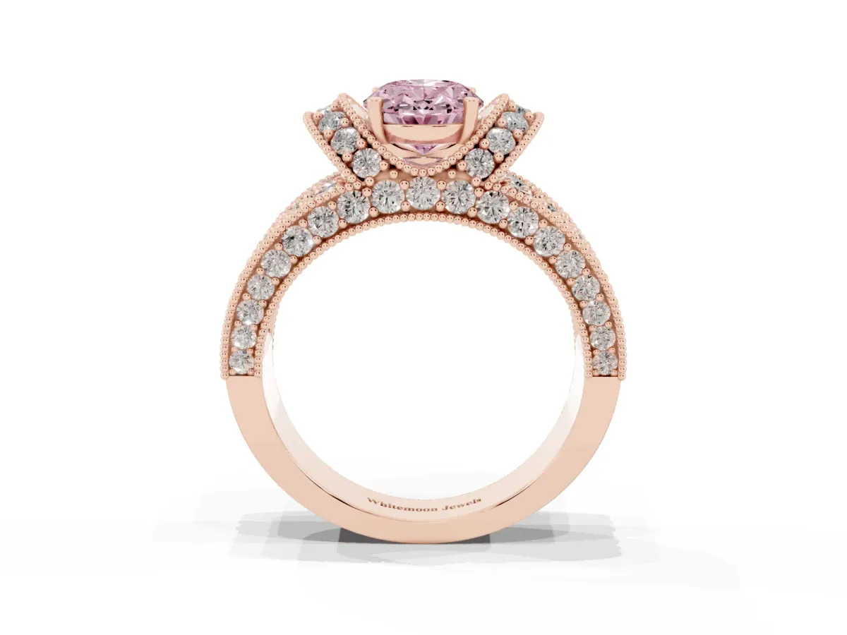Fancy Pink Oval Cut Halo Pave Diamond Engagement Ring with Milgrain Detailing Rose gold