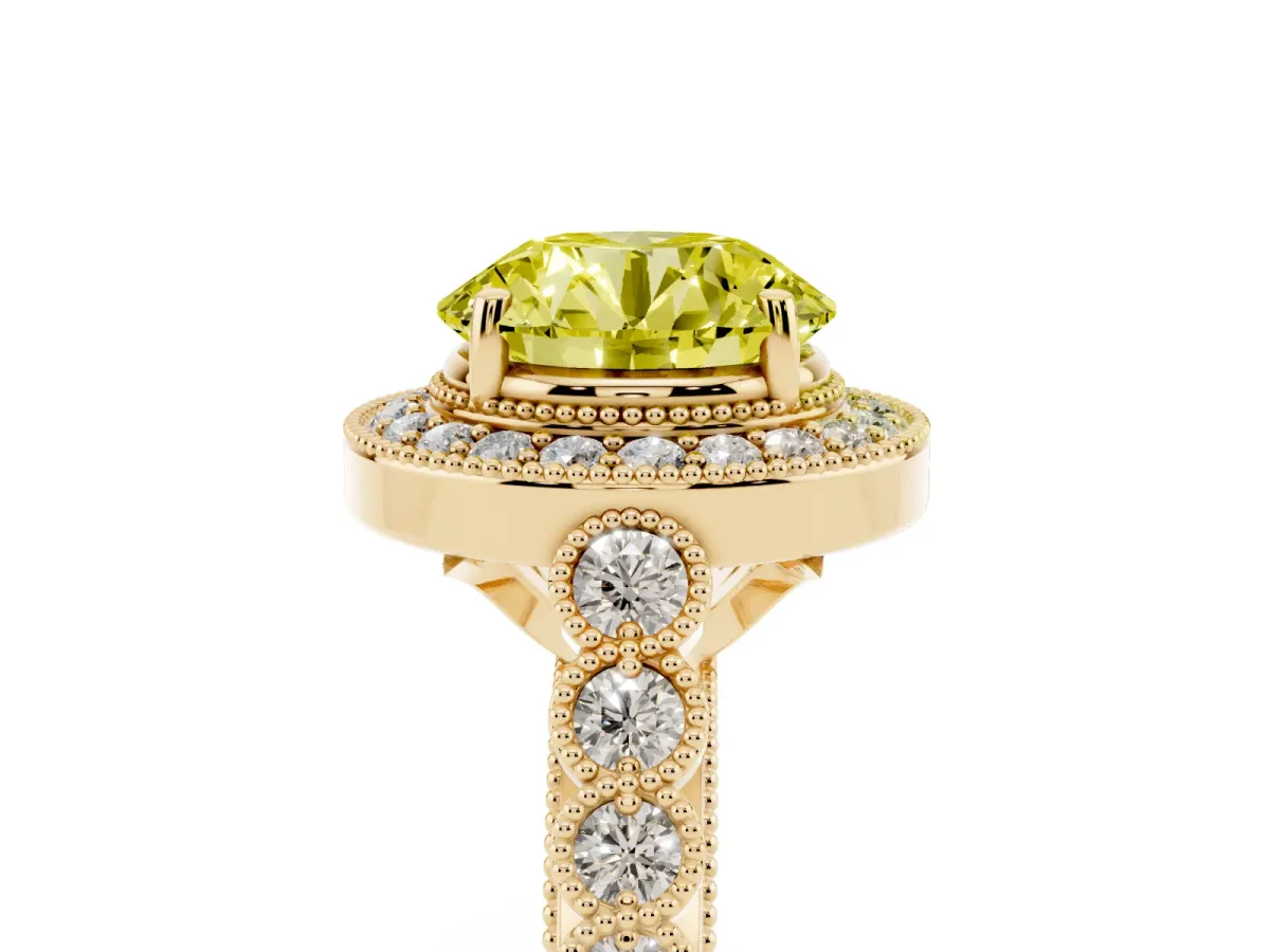 Fancy Yellow Round Cut Halo Milgrain Solitaire with Bezel Set Side Stones and Pave Band Yellow gold