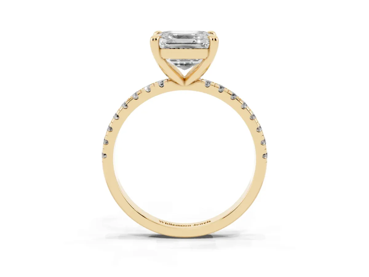 Asscher Cut Diamond Brilliant Solitaire Ring with Pavé Band and Four-Prong Setting Yellow gold