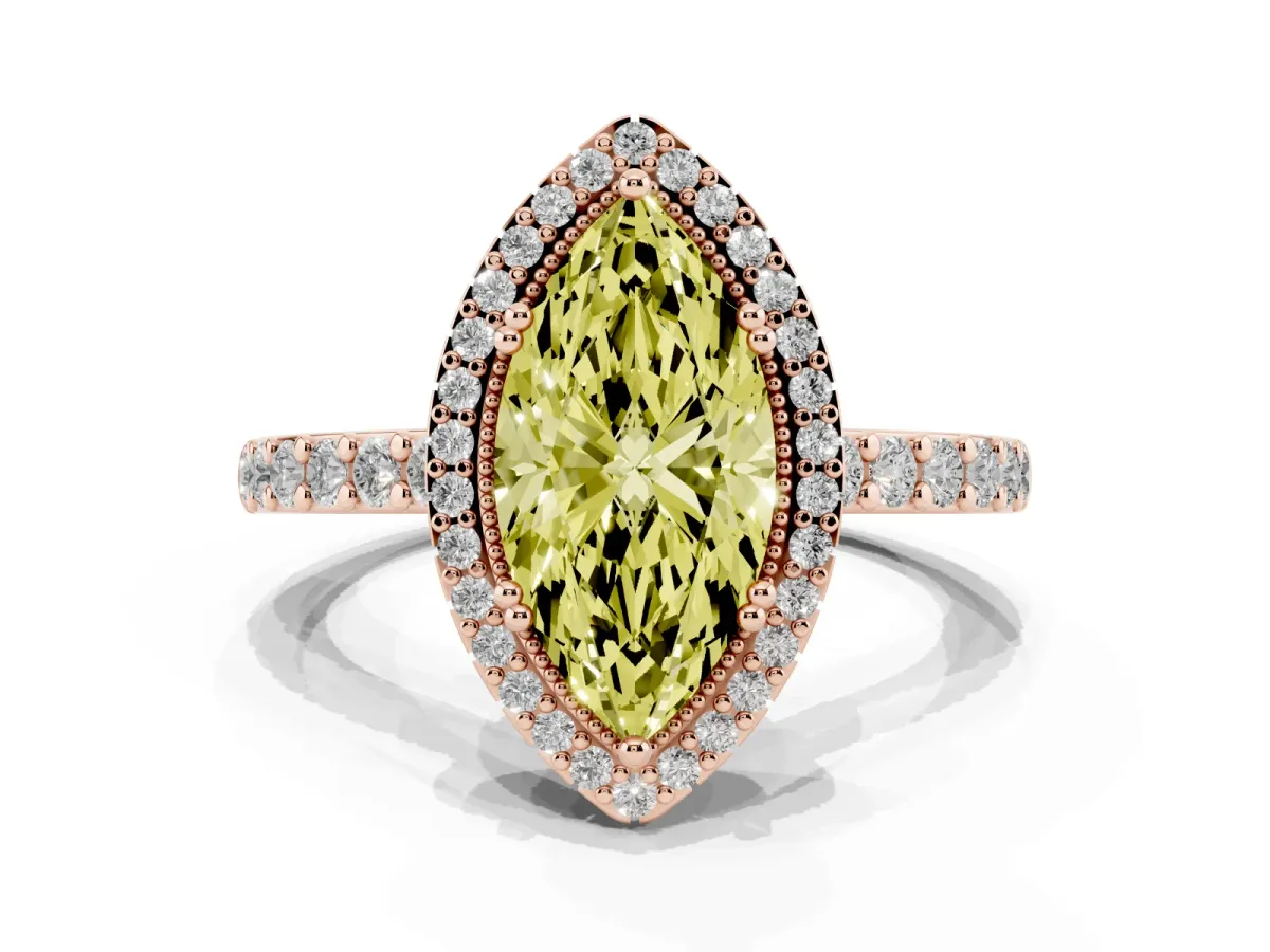 Fancy Yellow Marquise Cut Cut Diamond Halo Engagement Ring with Milgrain Detail and Pavé Band Rose gold