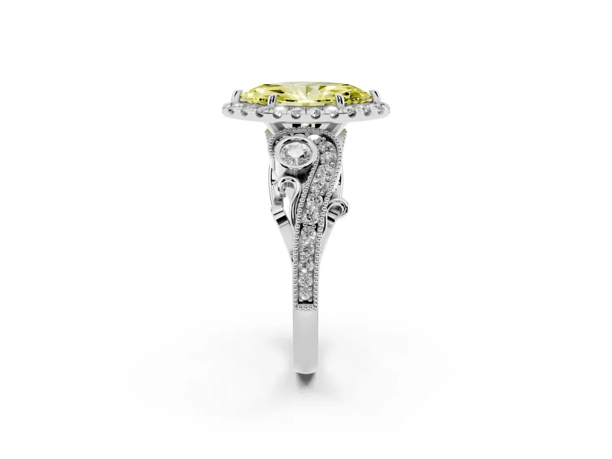 Fancy Yellow Marquise Cut Diamond Halo Ring with Milgrain Pavé Band and Four-Prong Setting White gold