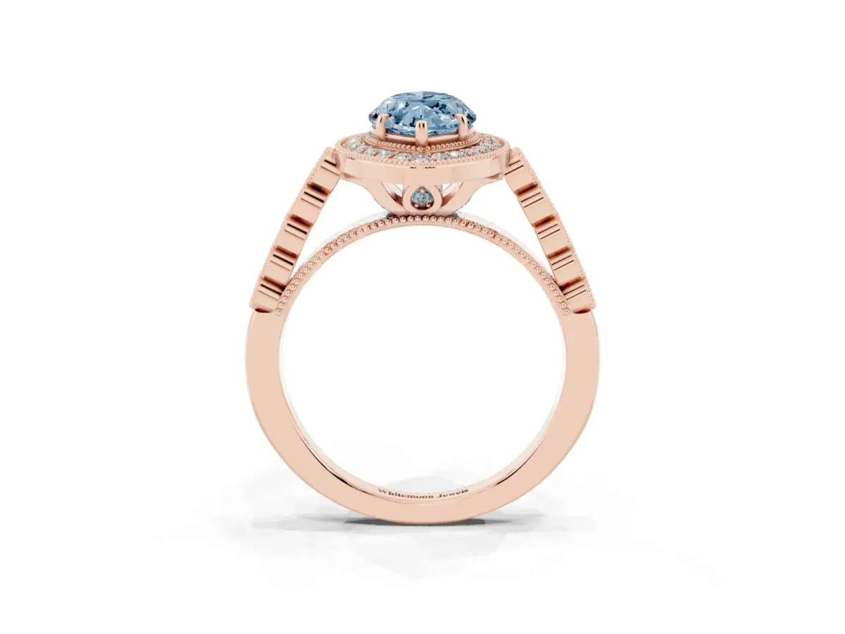 Fancy Blue Marquise Cut Halo Milgrain Solitaire with Bezel Set Side Stones and Pave Band Rose gold