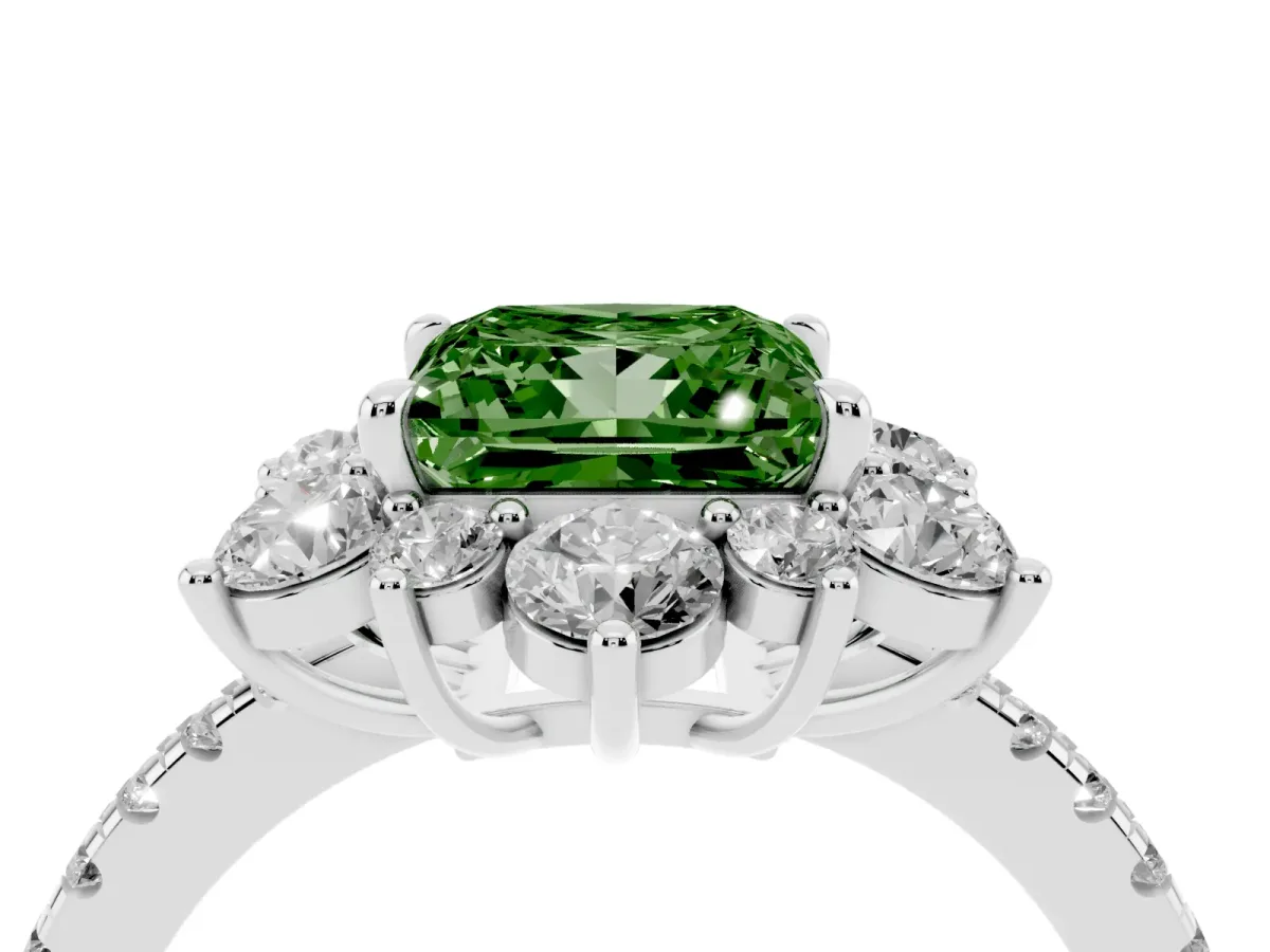 Fancy Green Princess Cut Diamond Floral Halo Ring with Round Pavé Band and Prong Setting Silver