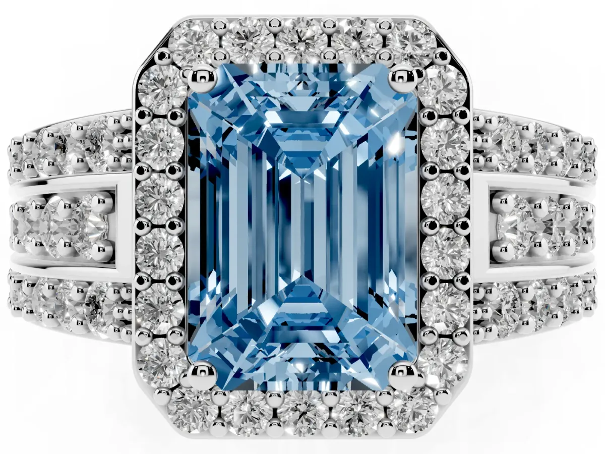 Fancy Blue Emerald Cut Halo Diamond Ring with Round Split Shank and Prong Setting Platinum