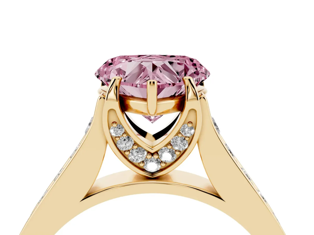 Fancy Pink Heart Cut Brilliant Cut Diamond Engagement Ring with Pavé Band and Four-Prong Setting Yellow gold