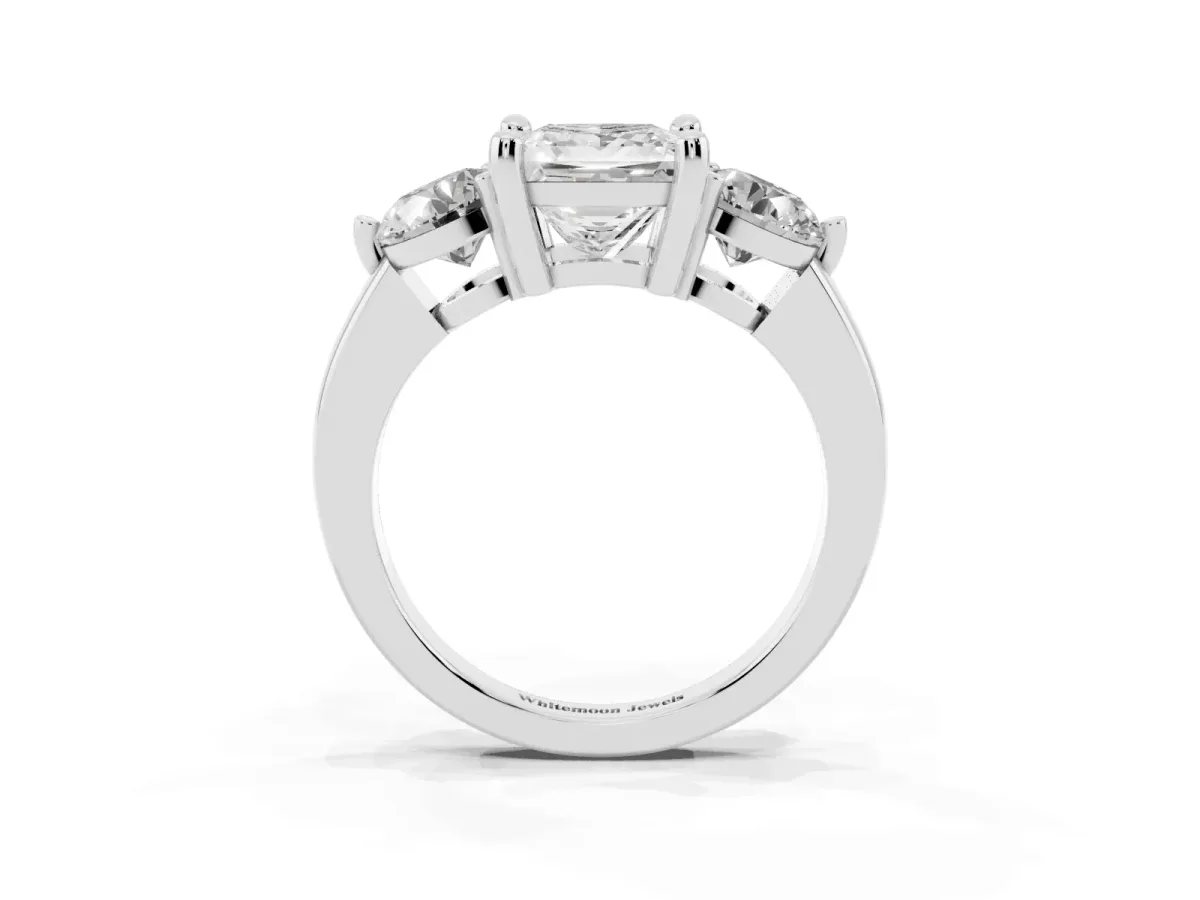 Three-Stone Princess Cut Brilliant Cut Solitaire Ring with Prong Setting on a Classic Band Platinum