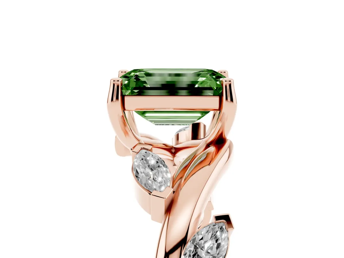 Fancy Green Emerald Cut Solitaire Twisted Band Marquise Accent Prong Setting Ring Rose gold