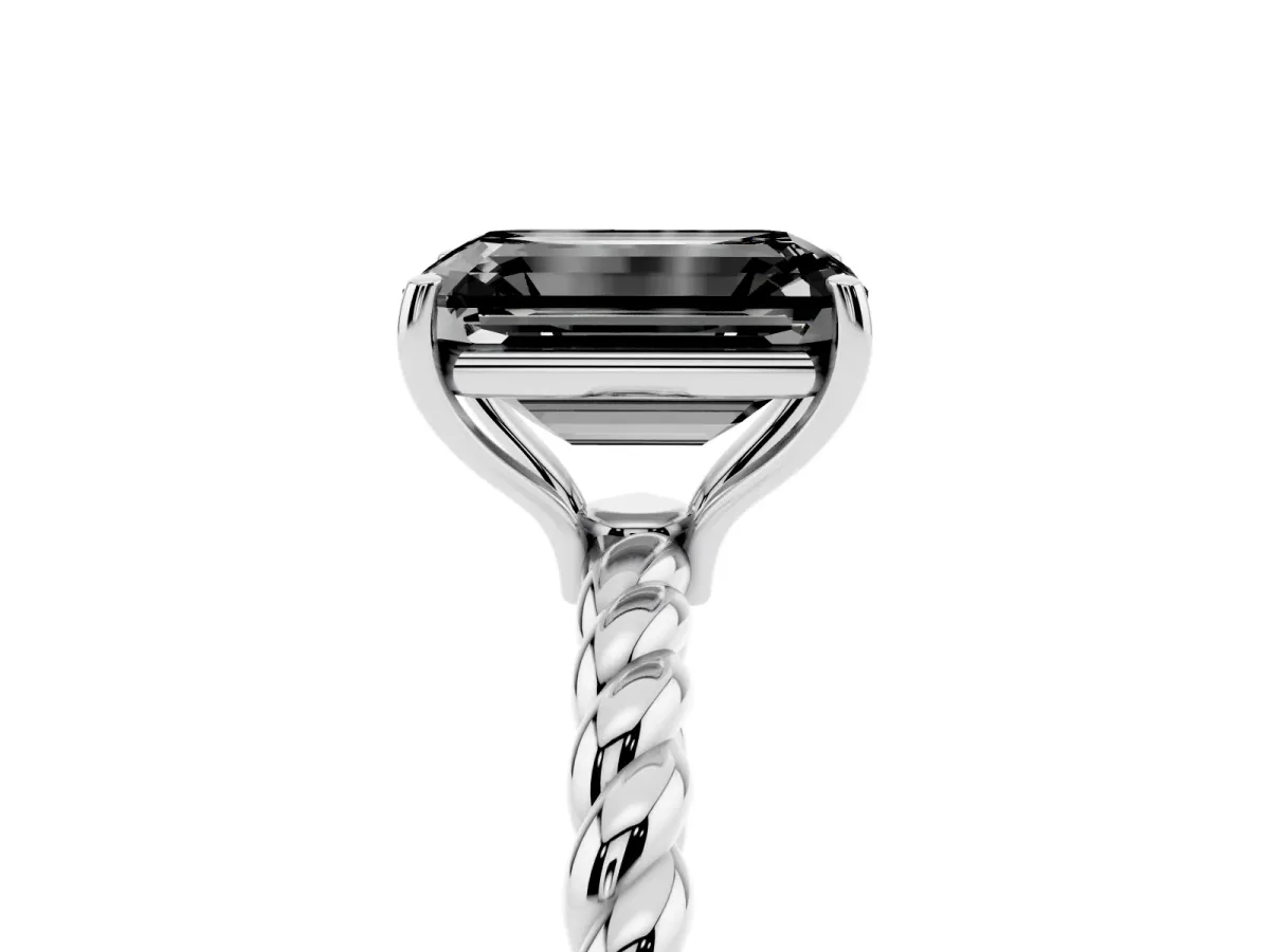 Fancy Black Emerald Cut Solitaire Twisted Band 4-Prong Ring Silver