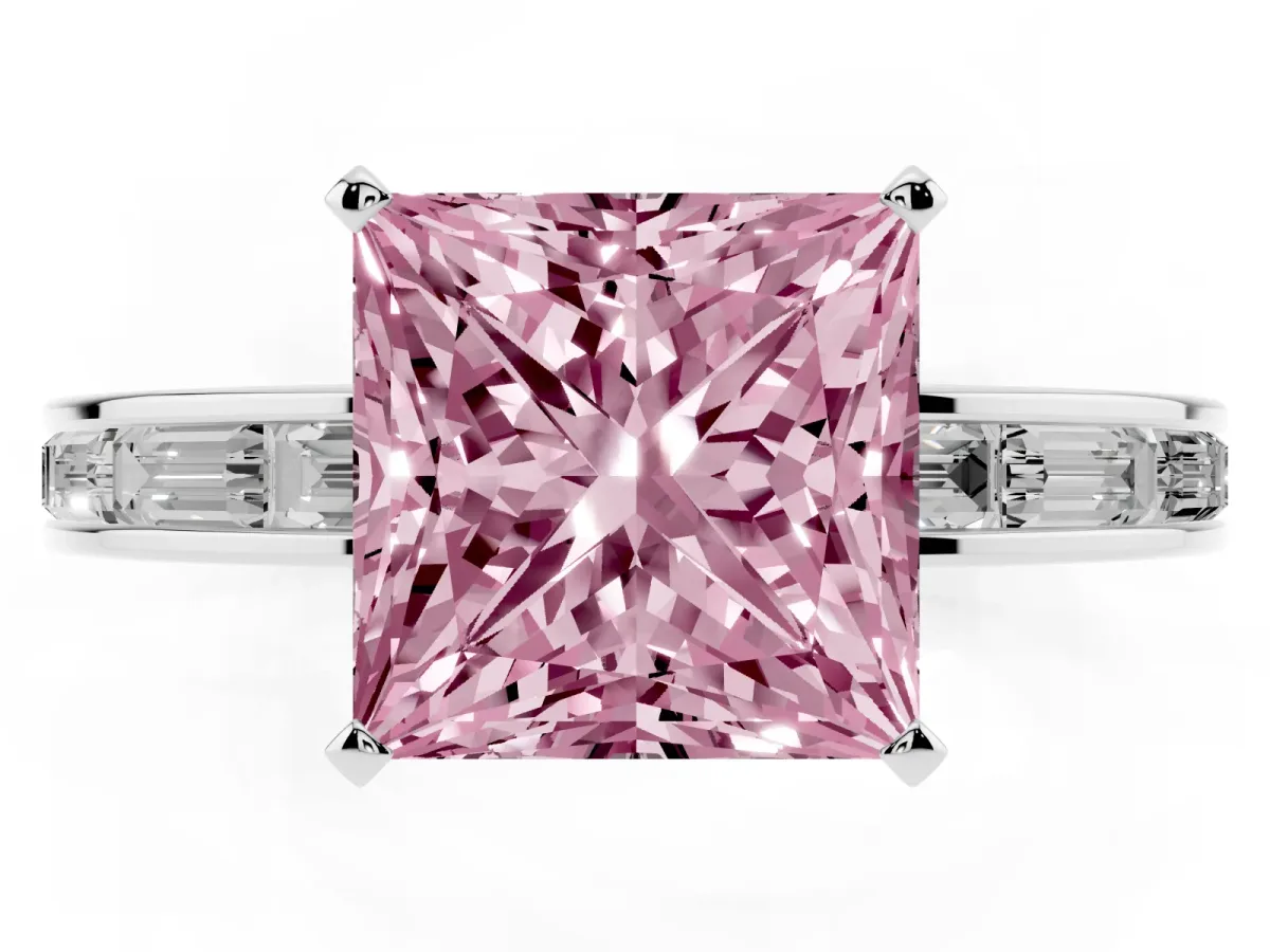 Fancy Pink Princess Cut Solitaire Diamond Ring with Channel-Set Baguette Band and Four-Prong Setting Silver