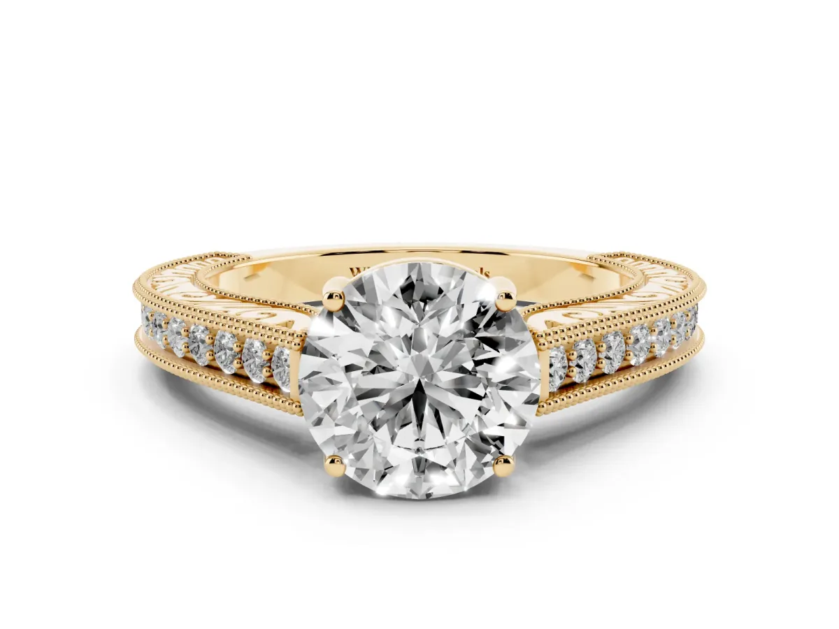 Round Cut Cut Pave Band Milgrain Solitaire Ring Yellow gold