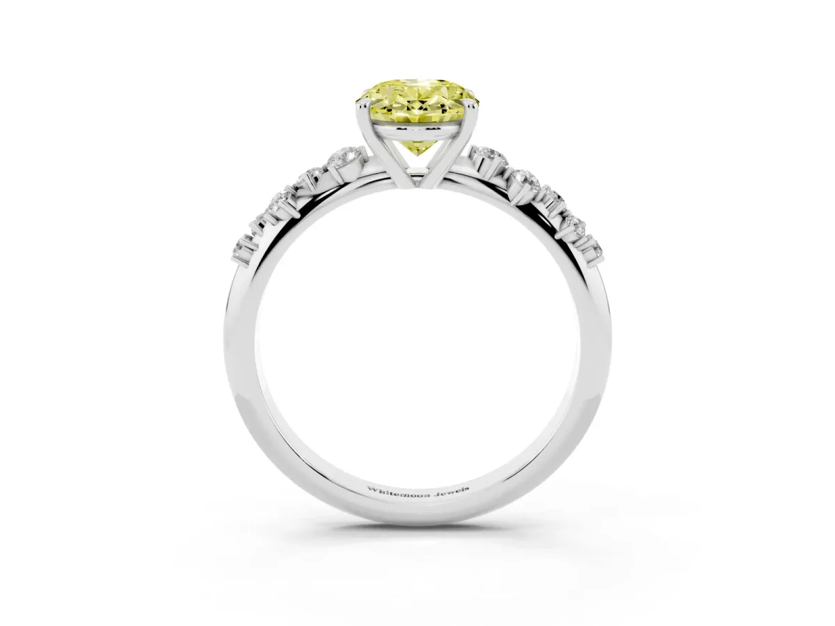 Fancy Yellow Oval Cut Diamond Cluster Side Stone Solitaire Ring with Prong Setting Silver