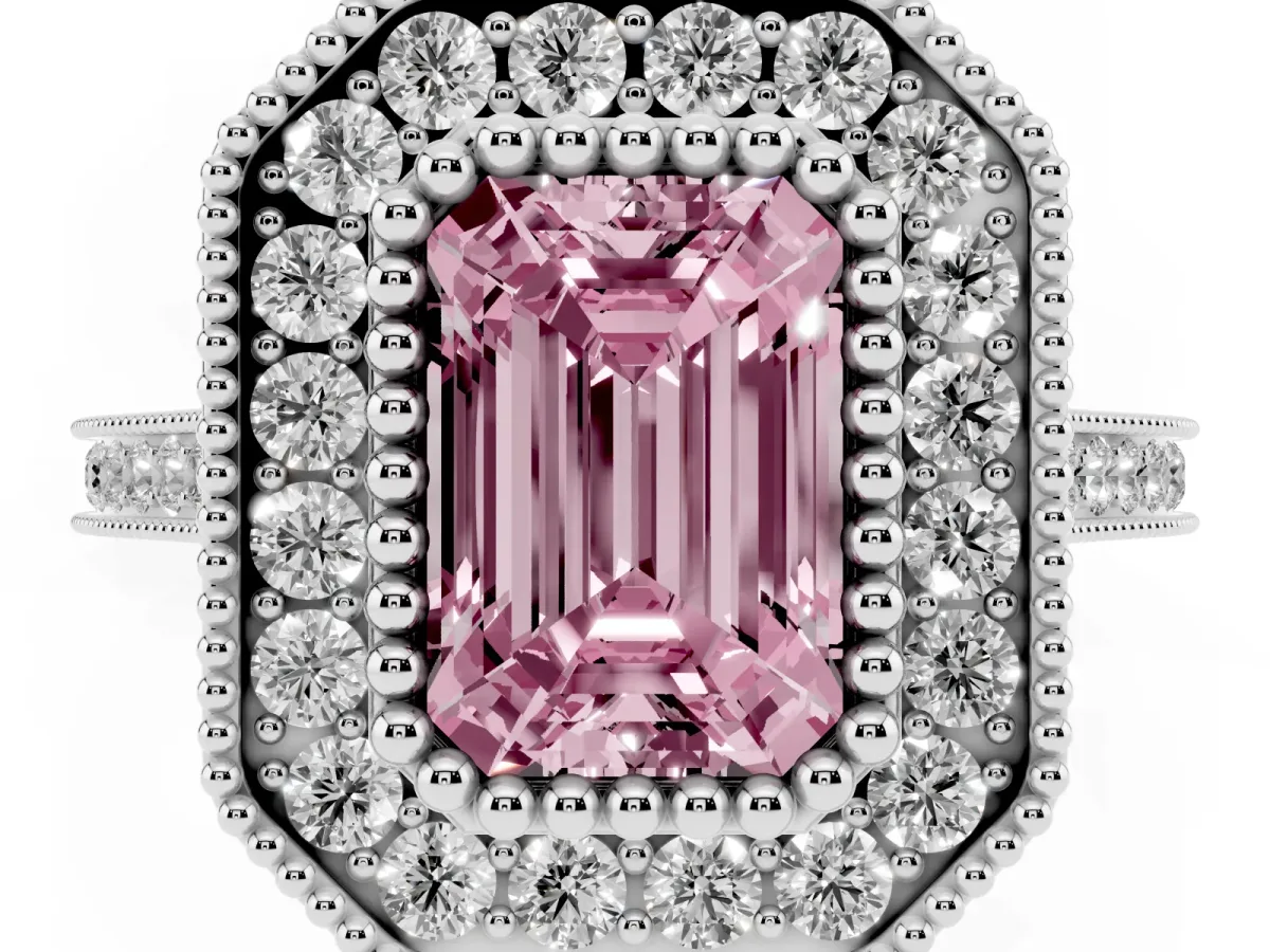Fancy Pink Emerald Cut Diamond Halo Ring with Milgrain Frame and Pavé Band Silver