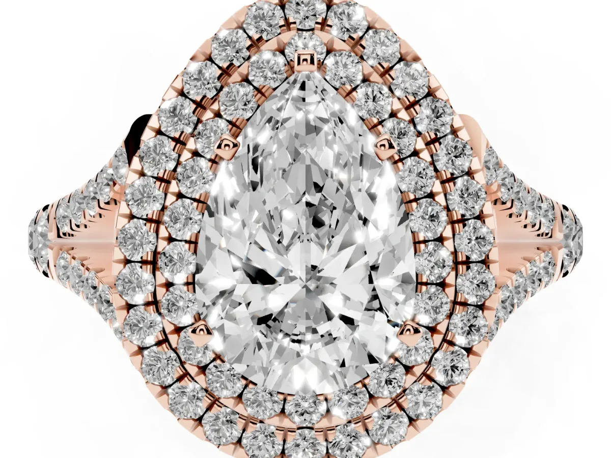Pear Cut Diamond Double Halo Ring with Split Shank and Prong Setting Rose gold