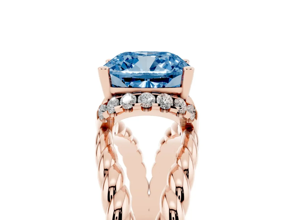 Fancy Blue Cushion Cut Halo Twisted Band Four-Prong Ring Rose gold
