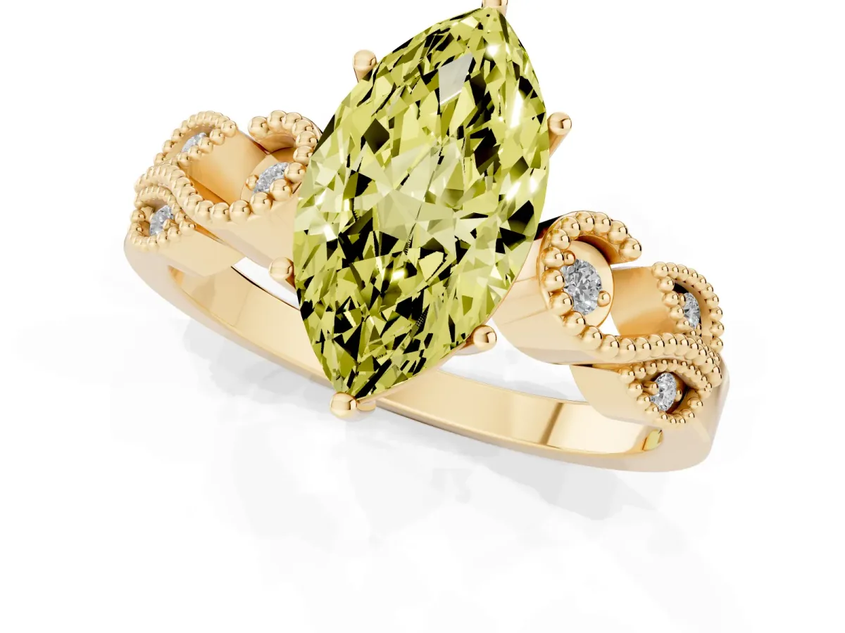 Fancy Yellow Marquise Cut Solitaire Milgrain Leaf Band with Prong Setting Yellow gold