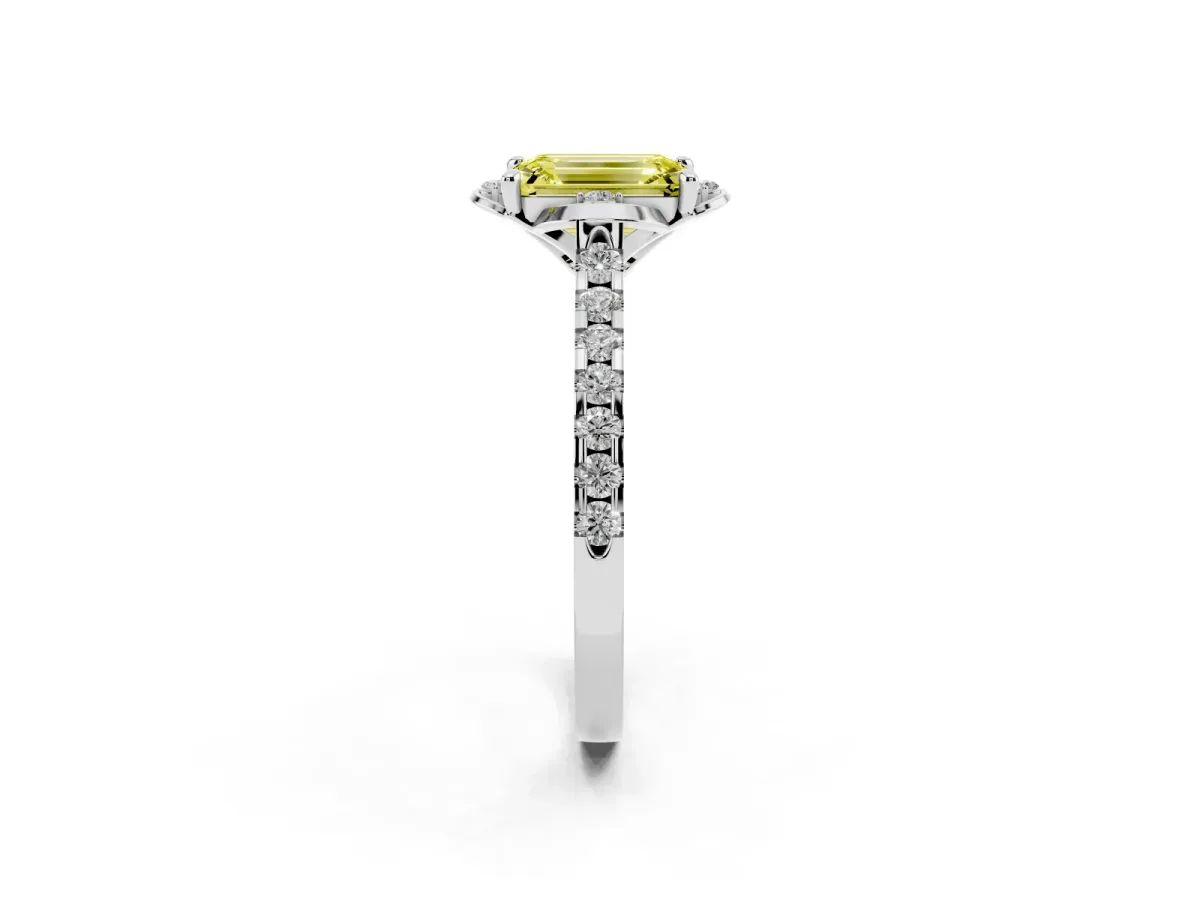 Fancy Yellow Emerald Cut Diamond Ring with Pavé Band and Floral Prong Setting Silver