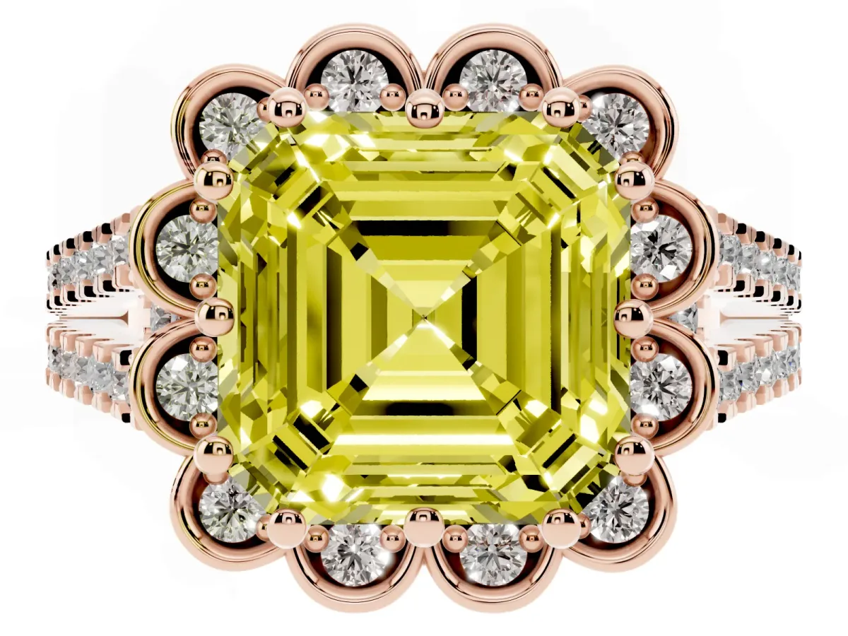 Fancy Yellow Asscher Cut Halo Diamond Floral Split Shank Engagement Ring Rose gold