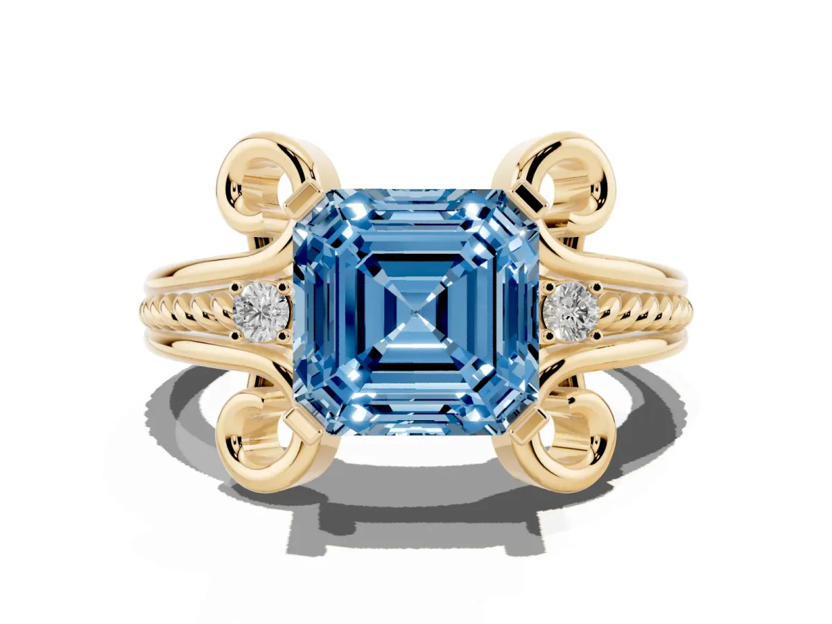 Fancy Blue Asscher Cut Solitaire Twisted Band Scroll Prong Ring Yellow gold
