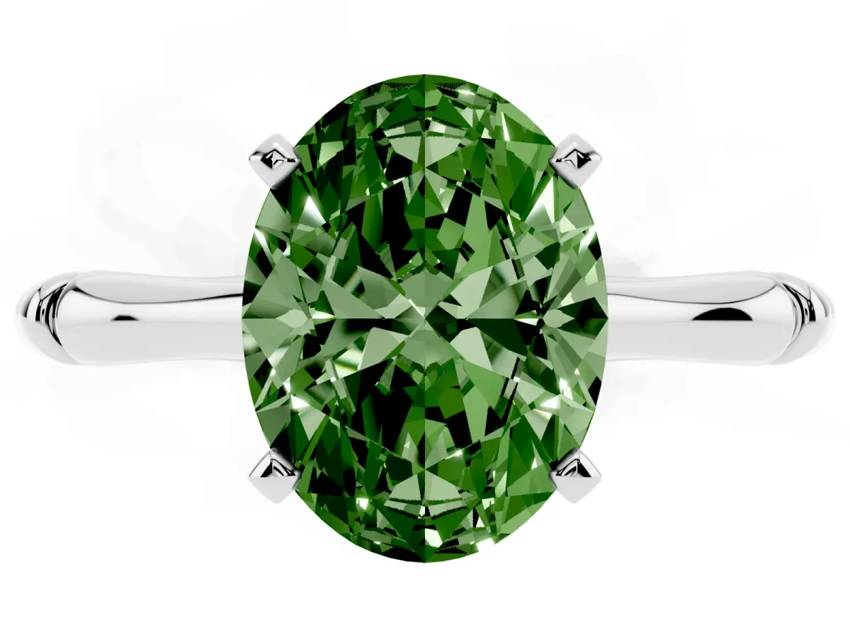 Fancy Green Oval Cut Solitaire Diamond Ring with Bamboo Band and Four-Prong Setting Silver