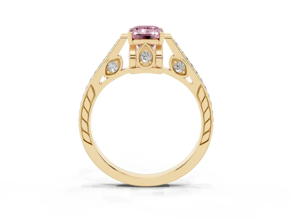 Fancy Pink Emerald Cut Cut Cathedral Pave Diamond Engagement Ring with Six-Prong Setting Yellow gold