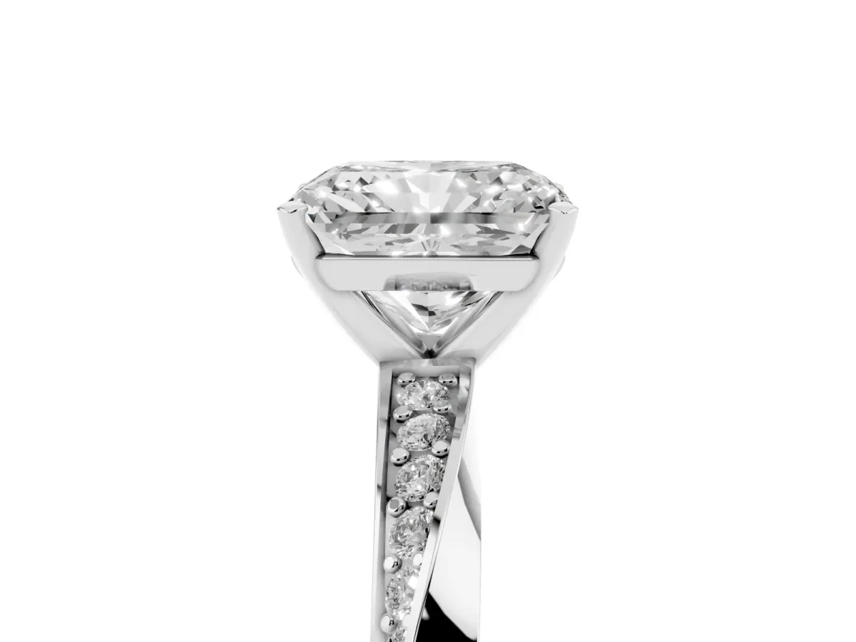 Radiant Cut Diamond Engagement Ring with Side Stone Accents and Four-Prong Setting Silver