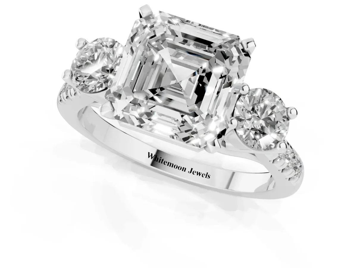 Three-Stone Asscher Cut Diamond Pavé Band with Four-Prong Setting Silver