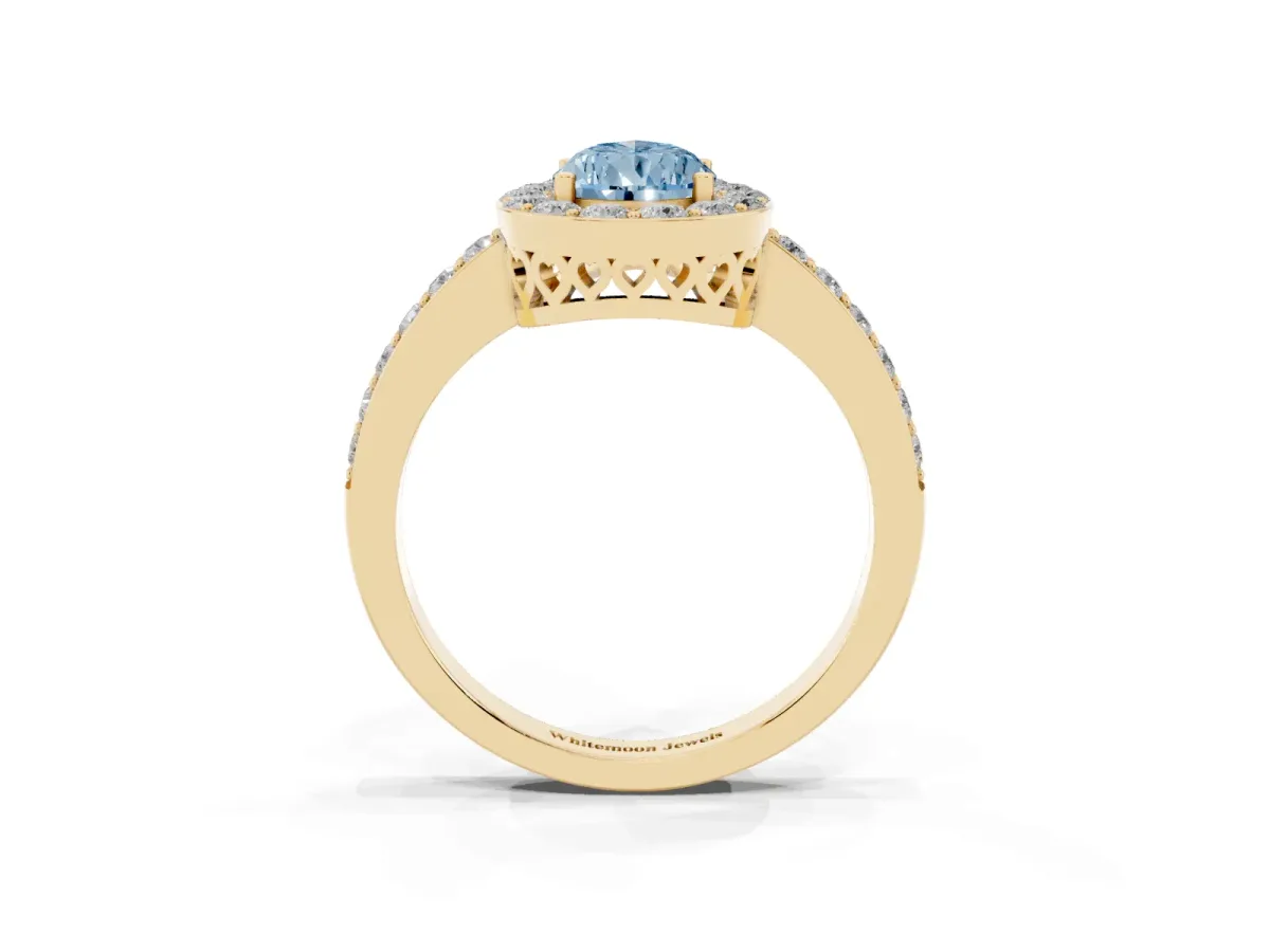 Fancy Blue Pear Cut Halo Diamond Pavé Band Ring with Prong Setting Yellow gold