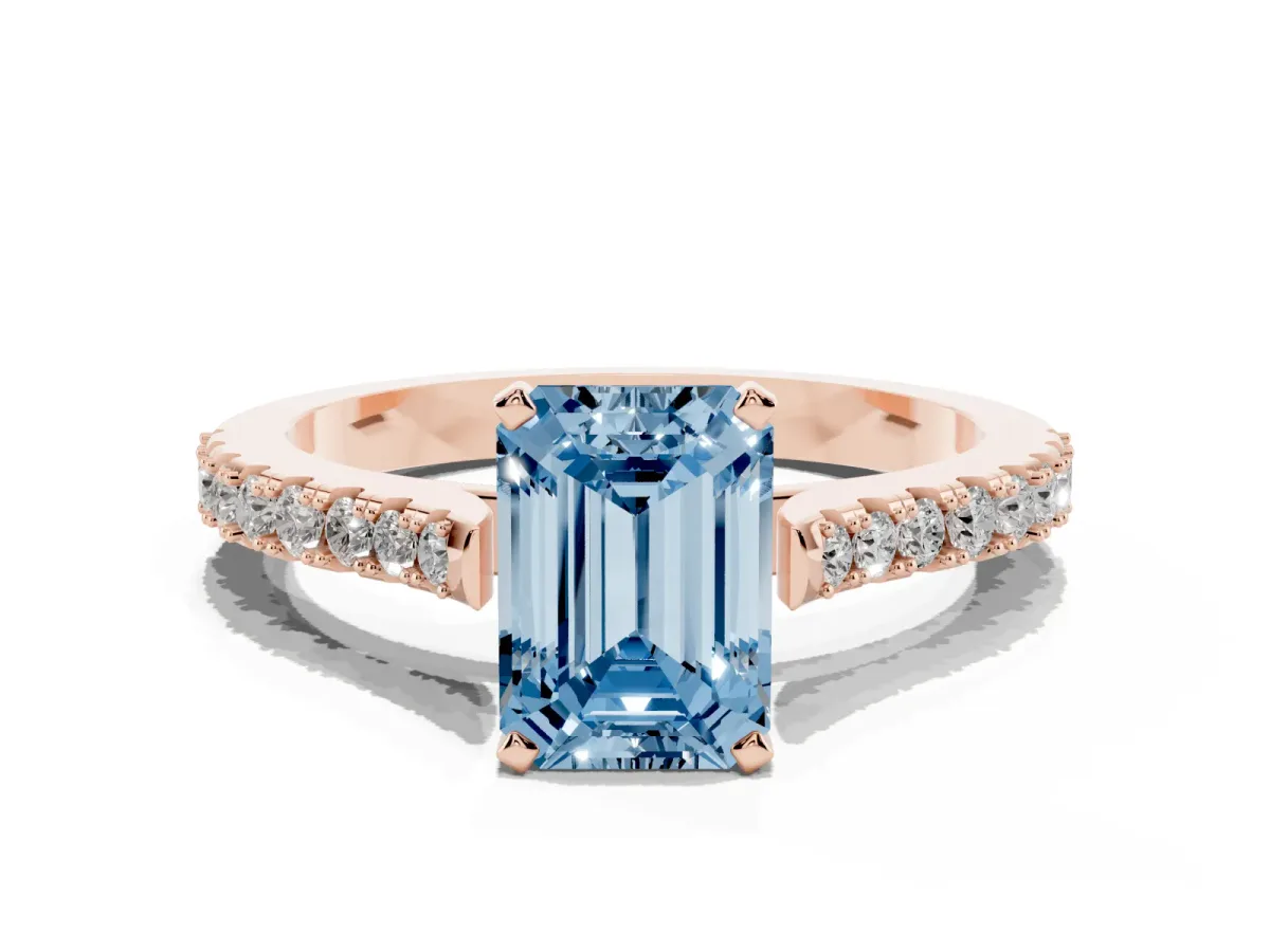Fancy Blue Emerald Cut Cut Solitaire Diamond Engagement Ring with Pave Band and Four-Prong Setting Rose gold