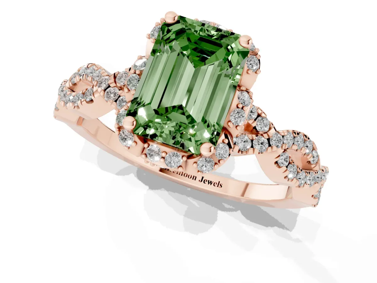 Fancy Green Emerald Cut Halo Twist Band Solitaire Ring with Six-Prong Setting Rose gold