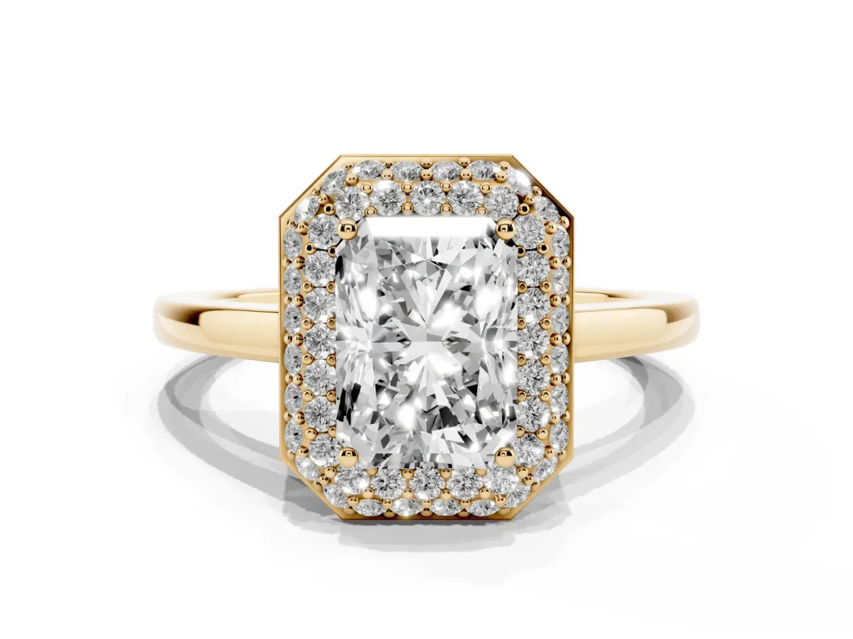 Radiant Cut Halo Diamond Engagement Ring with Solitaire Band and Four-Prong Setting Yellow gold