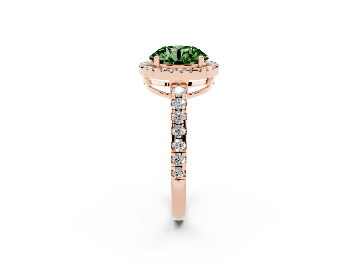 Fancy Green Round Cut Diamond Halo Ring with Pavé Band and Four-Prong Setting Rose gold