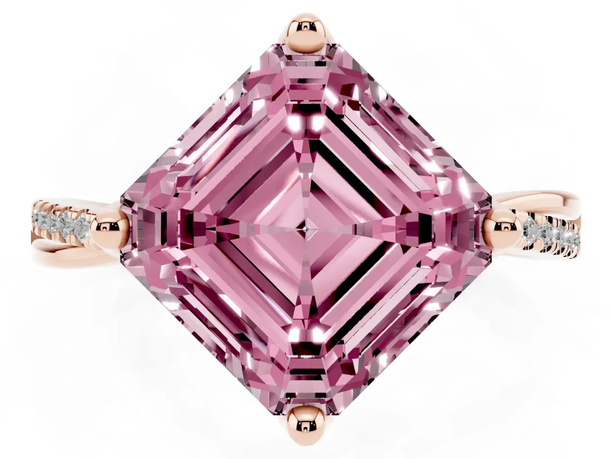 Fancy Pink Asscher Cut Solitaire Twist Band with Pavé Diamonds and Four-Prong Setting Rose gold