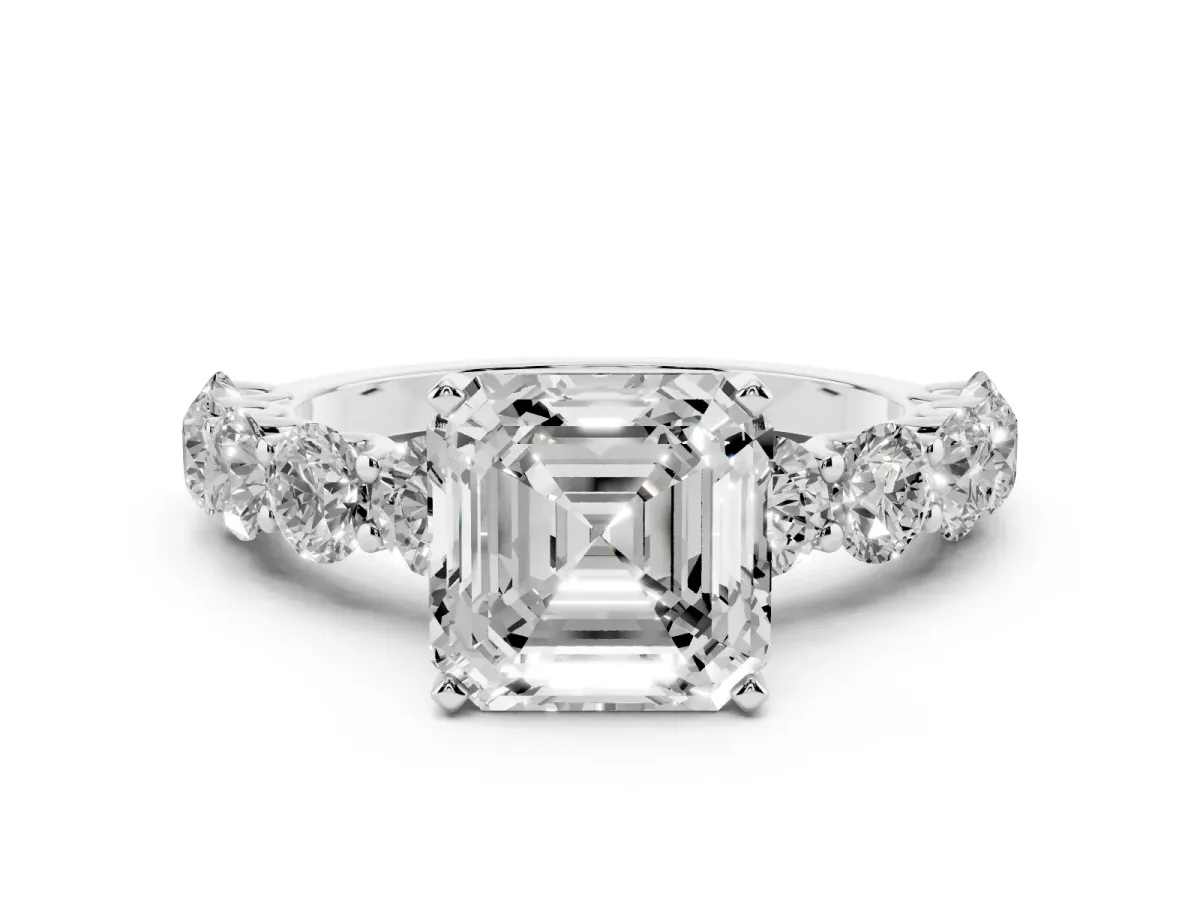 Asscher Cut Diamond Prong Setting with Side Stones on a Pave Band Silver