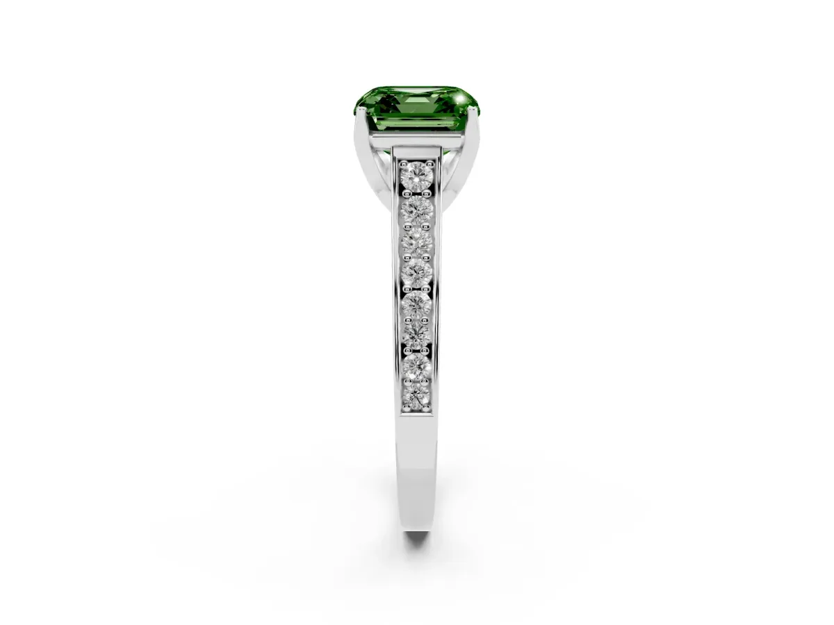 Fancy Green Asscher Cut Brilliant Cut Diamond Engagement Ring with Pavé Band and Four-Prong Setting Platinum