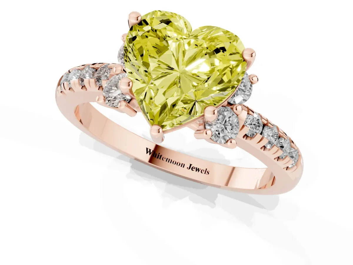 Fancy Yellow Heart Cut Diamond Three-Stone Pave Band with Four-Prong Setting Rose gold