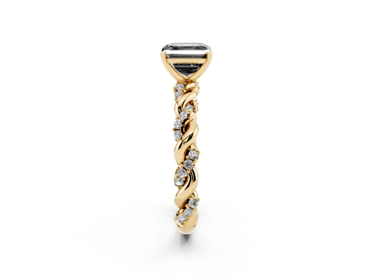 Fancy Black Asscher Cut Diamond Solitaire Ring with Twisted Band and Pavé Accents Yellow gold