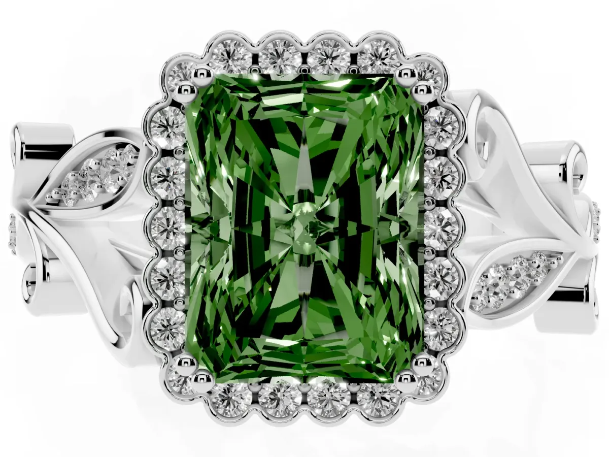 Fancy Green Radiant Cut Diamond Halo Ring with Vintage Split Shank and Four-Prong Setting Silver