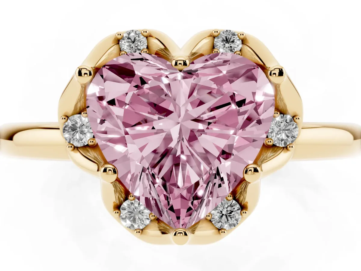 Fancy Pink Heart Cut Halo Diamond Ring with Round Cluster Setting, Solitaire Band, and Four-Prong Setting Yellow gold