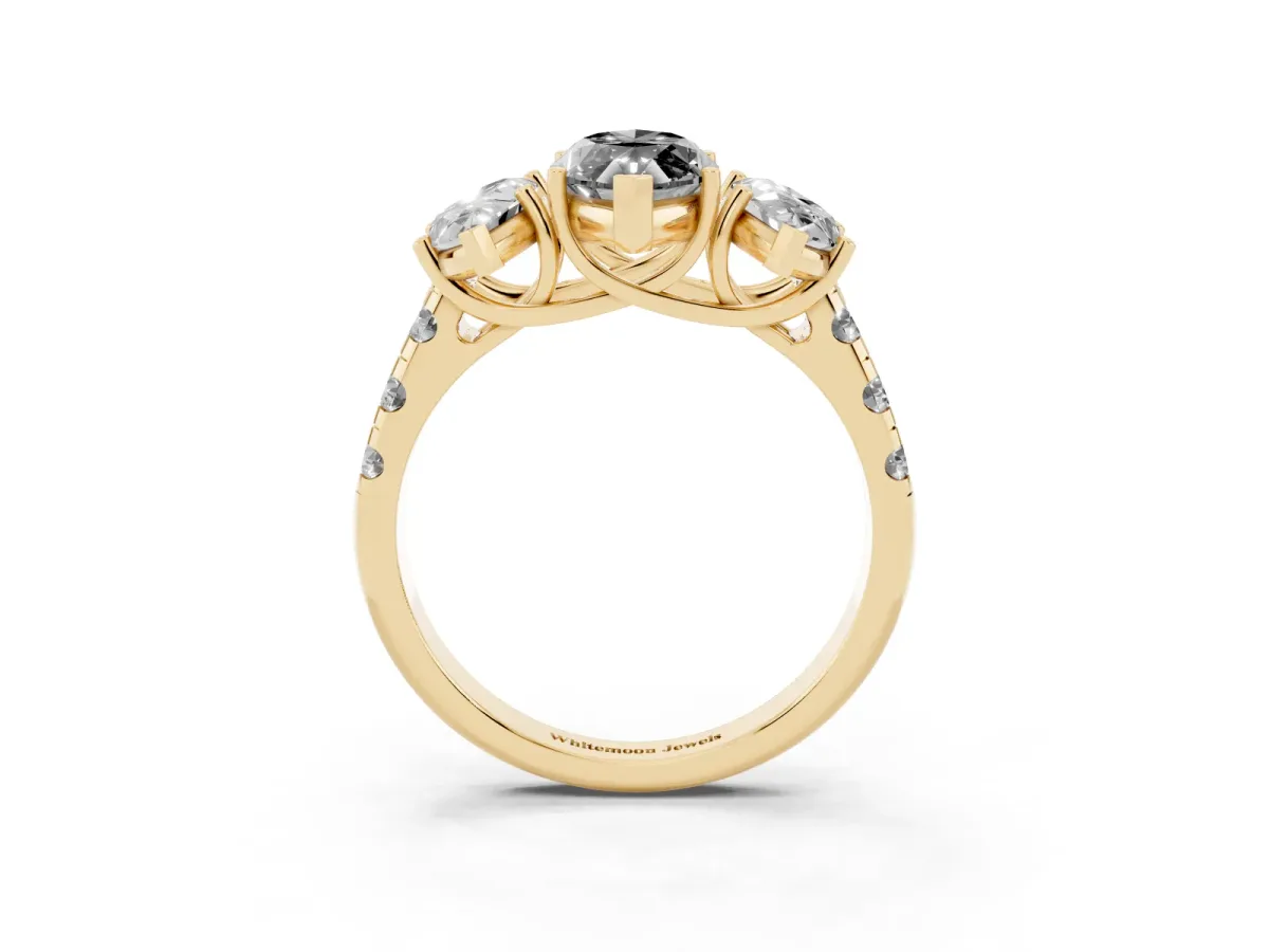 Fancy Black Three-Stone Marquise Cut Diamond Pavé Band with Prong Setting Yellow gold