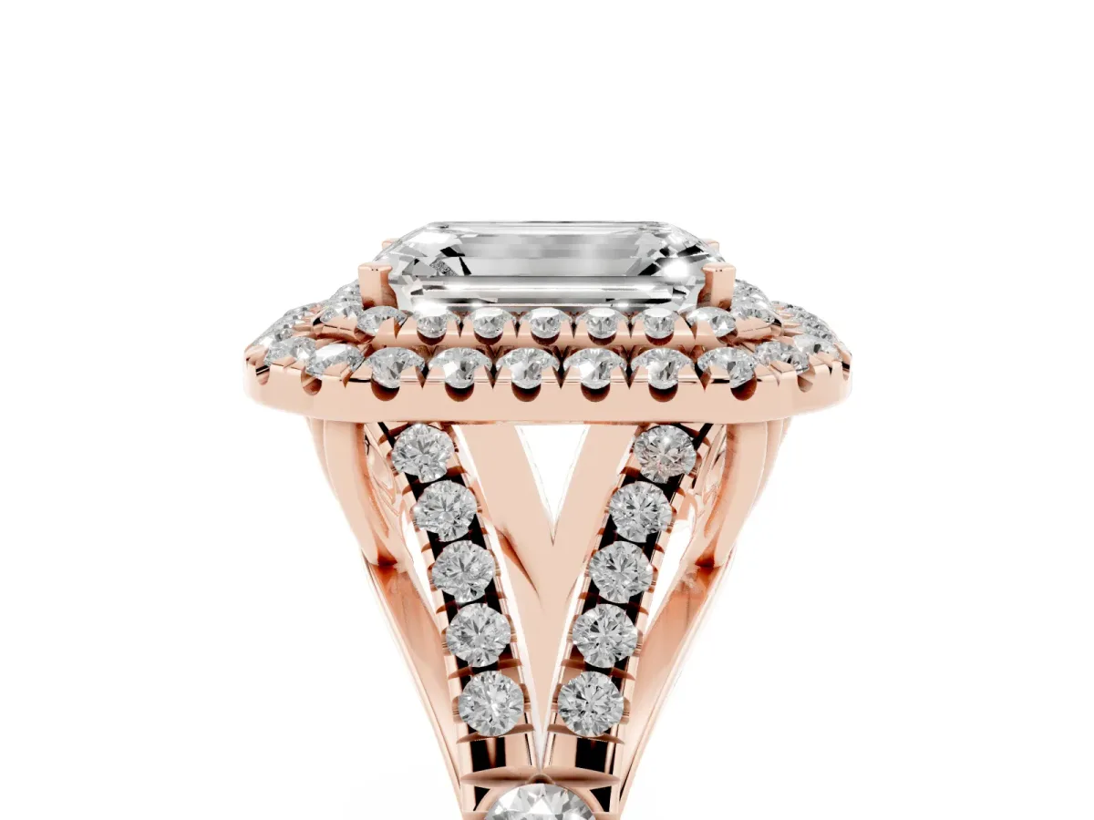Emerald Cut Diamond Pavé Split Shank Double Halo Engagement Ring Rose gold